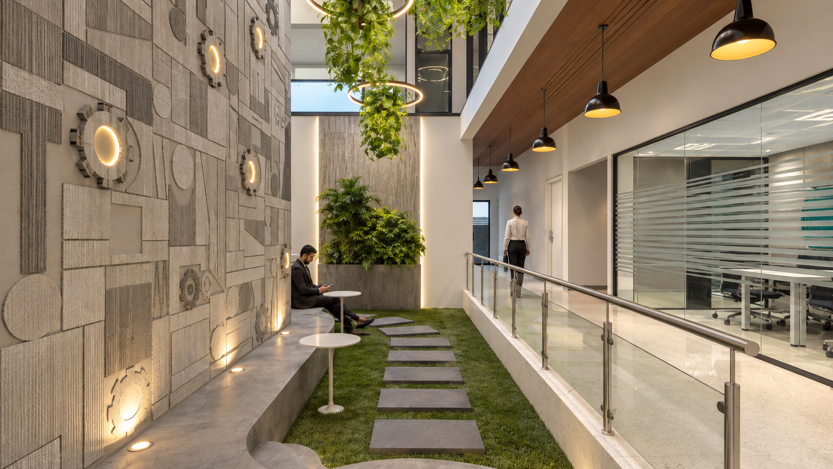 Double height atrium walkway with a sculpted feature wall, planting and a lawn seating pocket