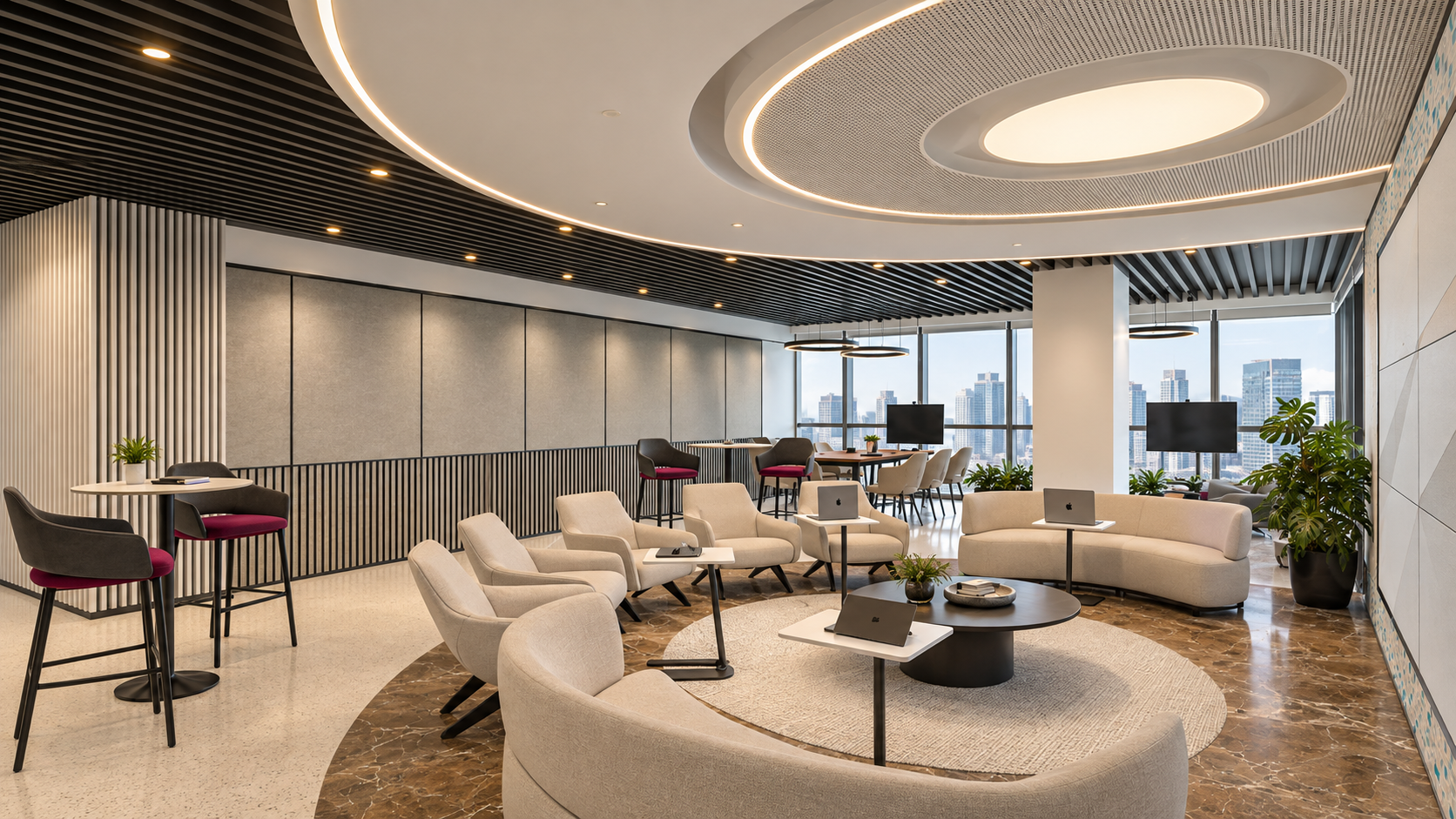 Circular lounge with city views on a delivered workplace floor