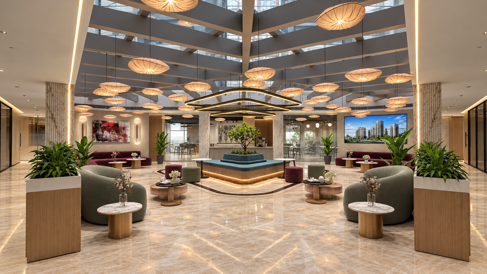 Symmetrical luxury atrium lounge in a contemporary workplace