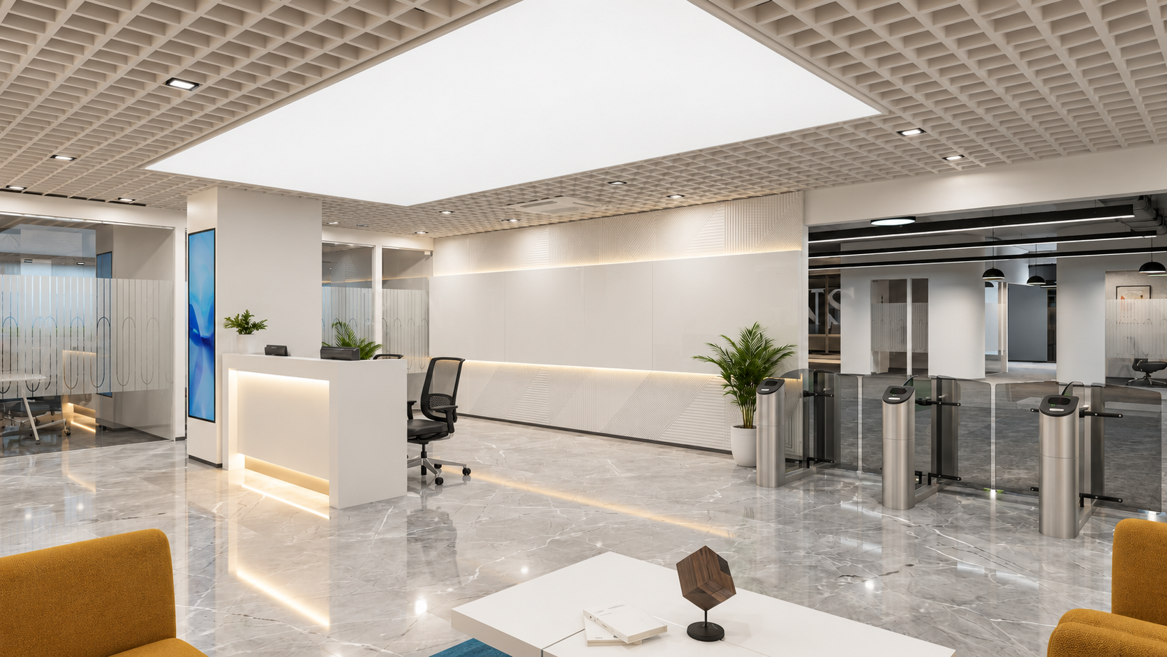 A monochrome workplace with room for focused and shared work