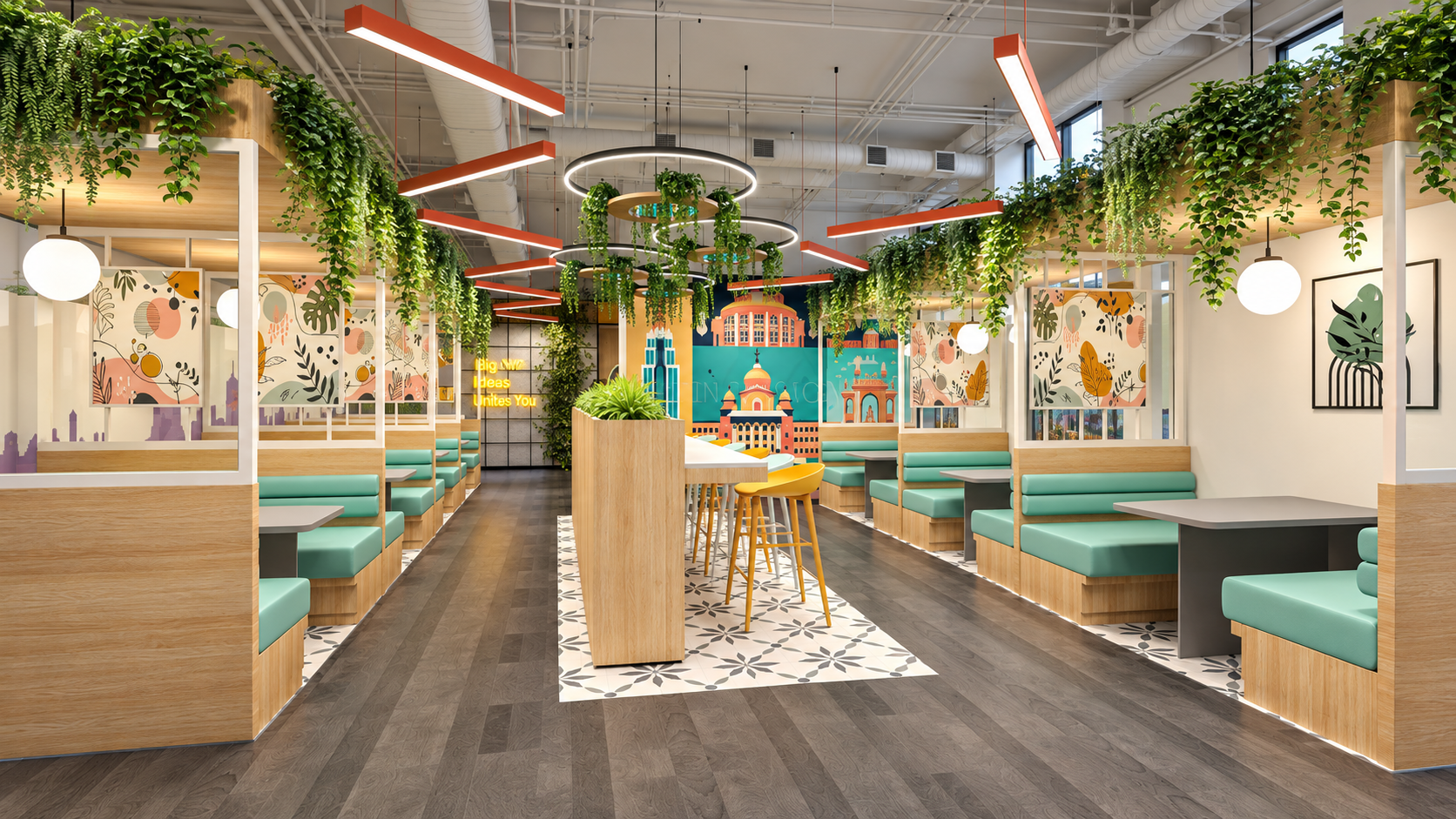 A collaboration area of booths, a shared counter and planting, planned for how teams actually work together