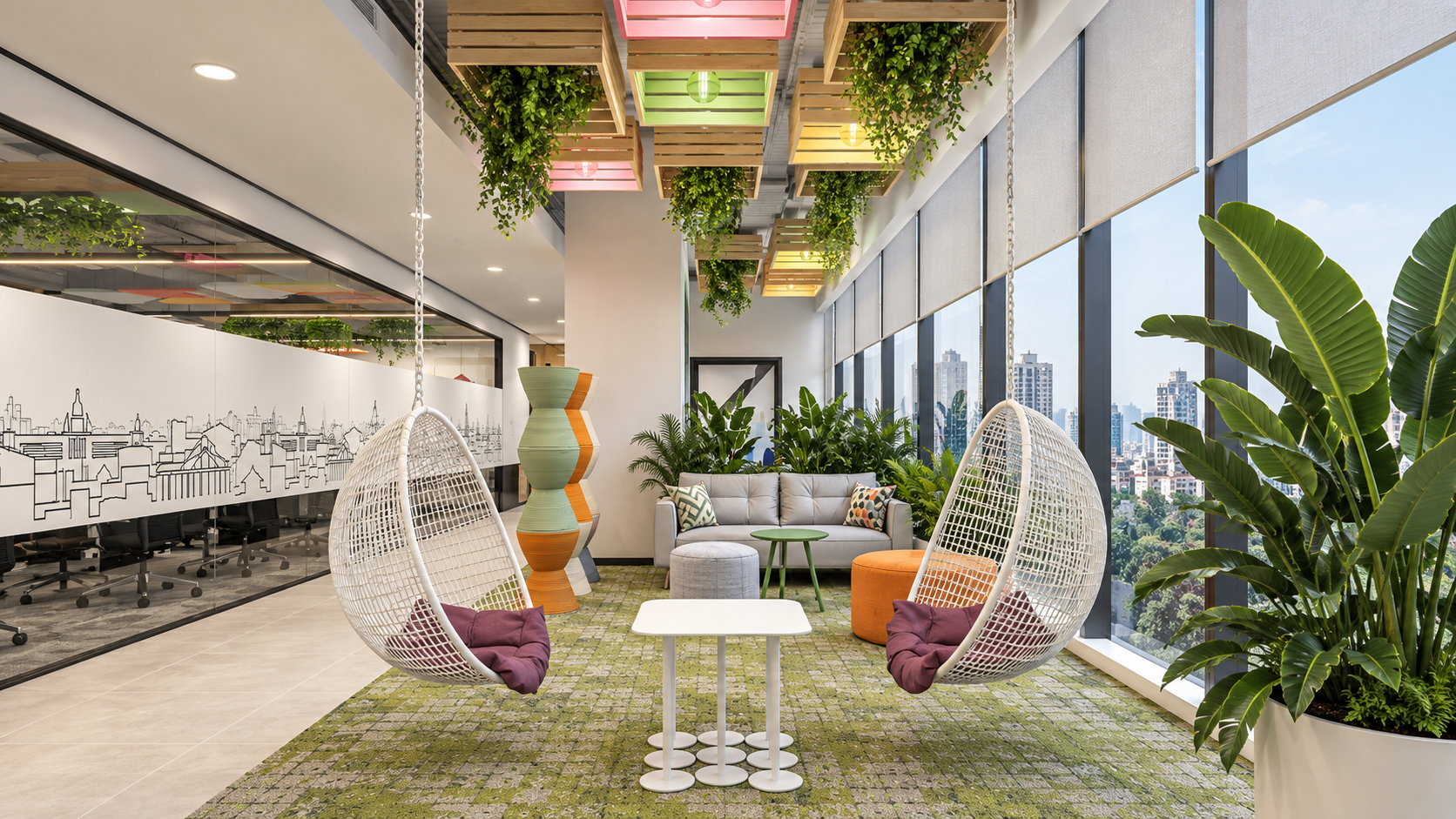A workplace lounge with suspended swing seating