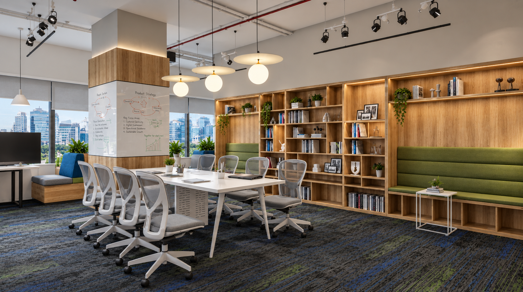 Daylit atrium with planted terraces inside a retrofitted office building