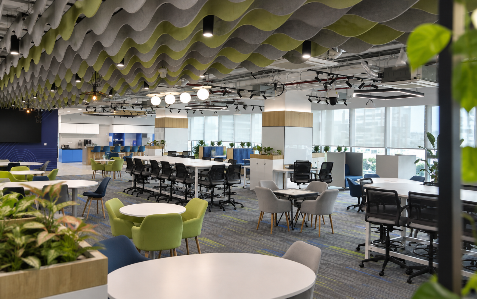 An engineered collaboration floor with coordinated ceiling services