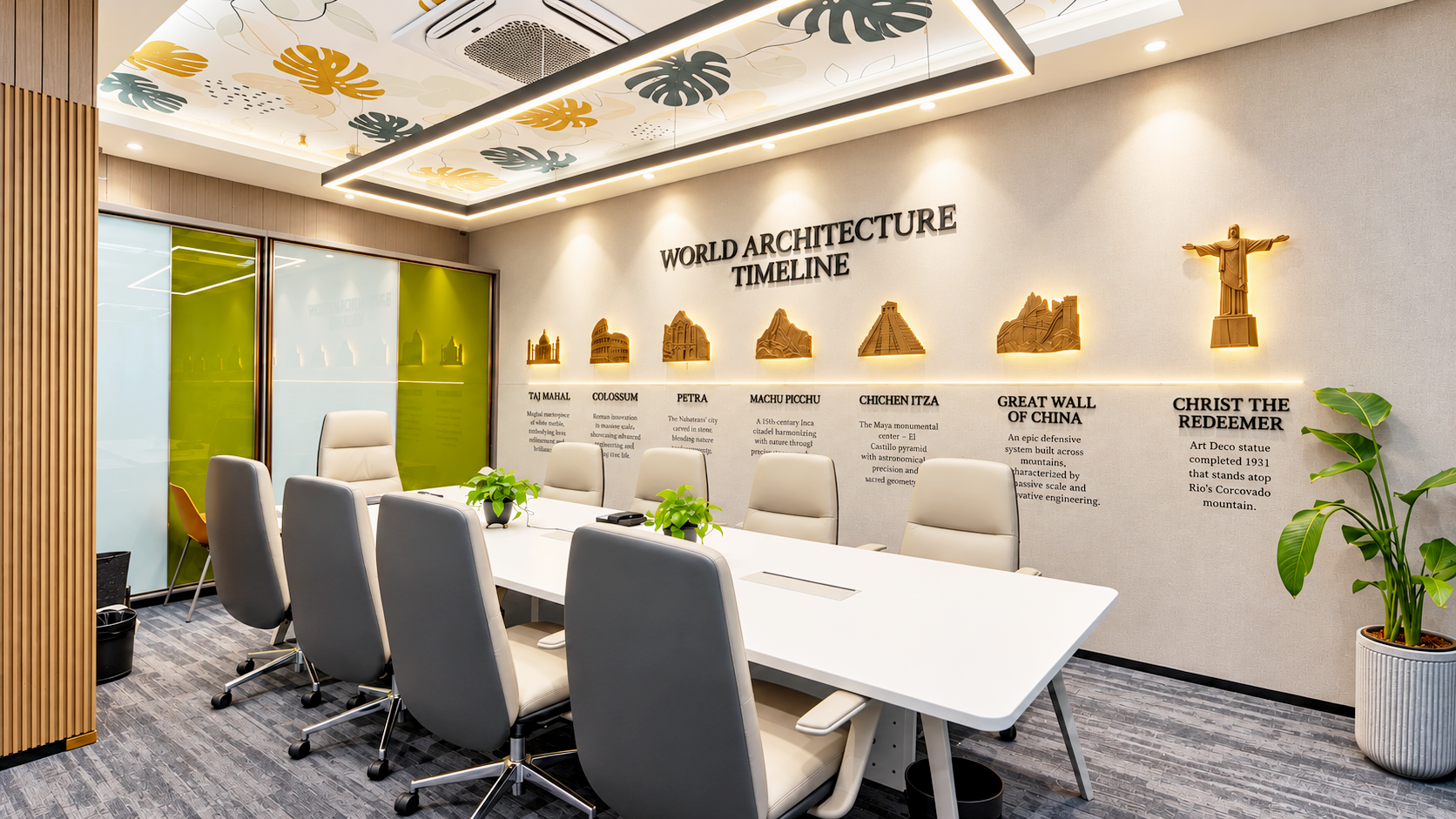Conference room with a World Architecture Timeline feature wall